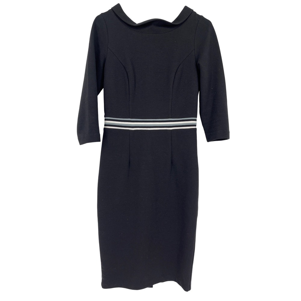 Boden Black Ribbed Peter Pan Collar Sheath Dress 3/4 Sleeve Knee Length US4R